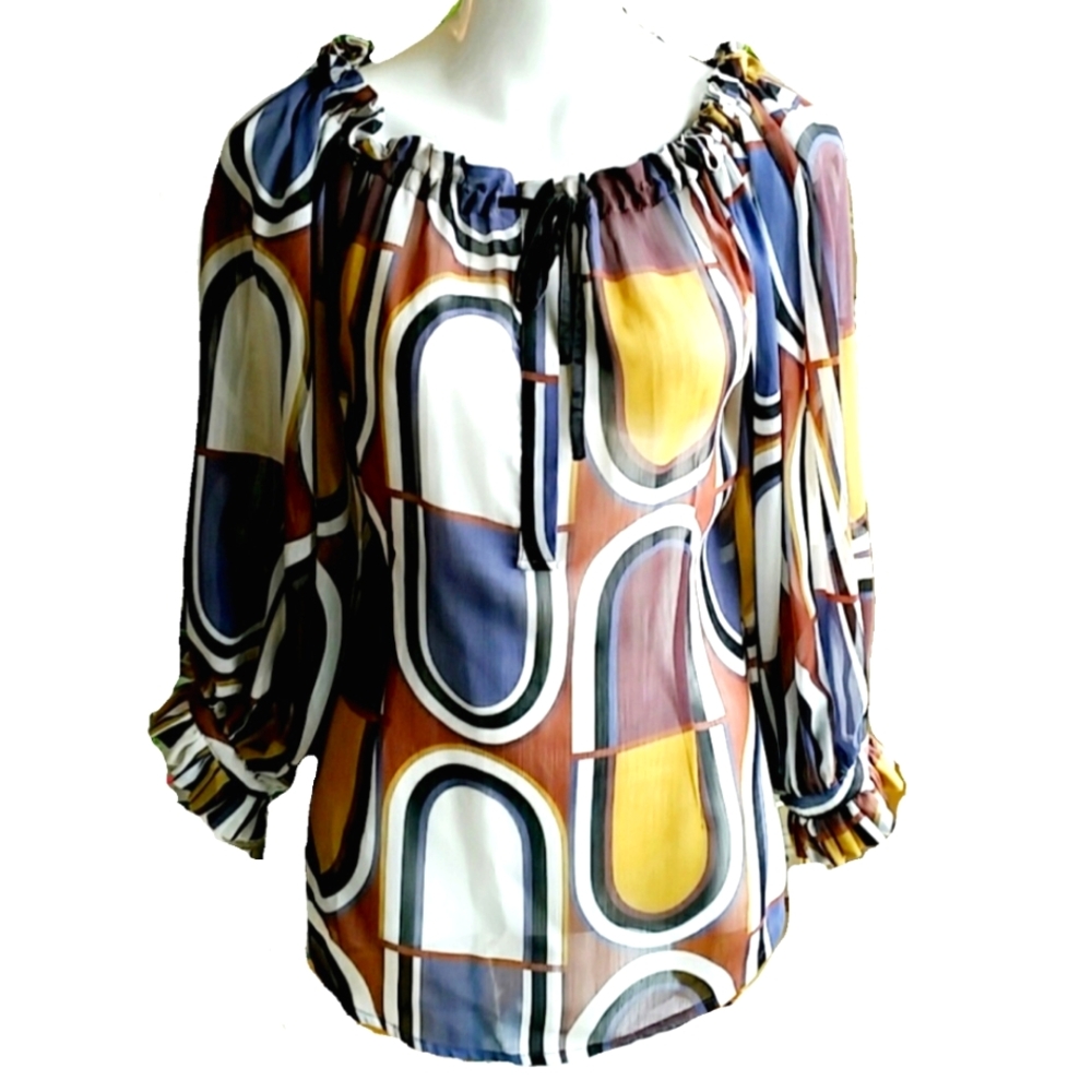 Kenar Brown Yellow Geometric Abstract Print Ruffle Detail Sheer Top Size Small